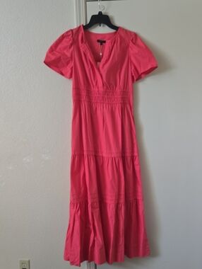 Quince Coral Pink 100% Cotton V-Neck Tiered Maxi Dress